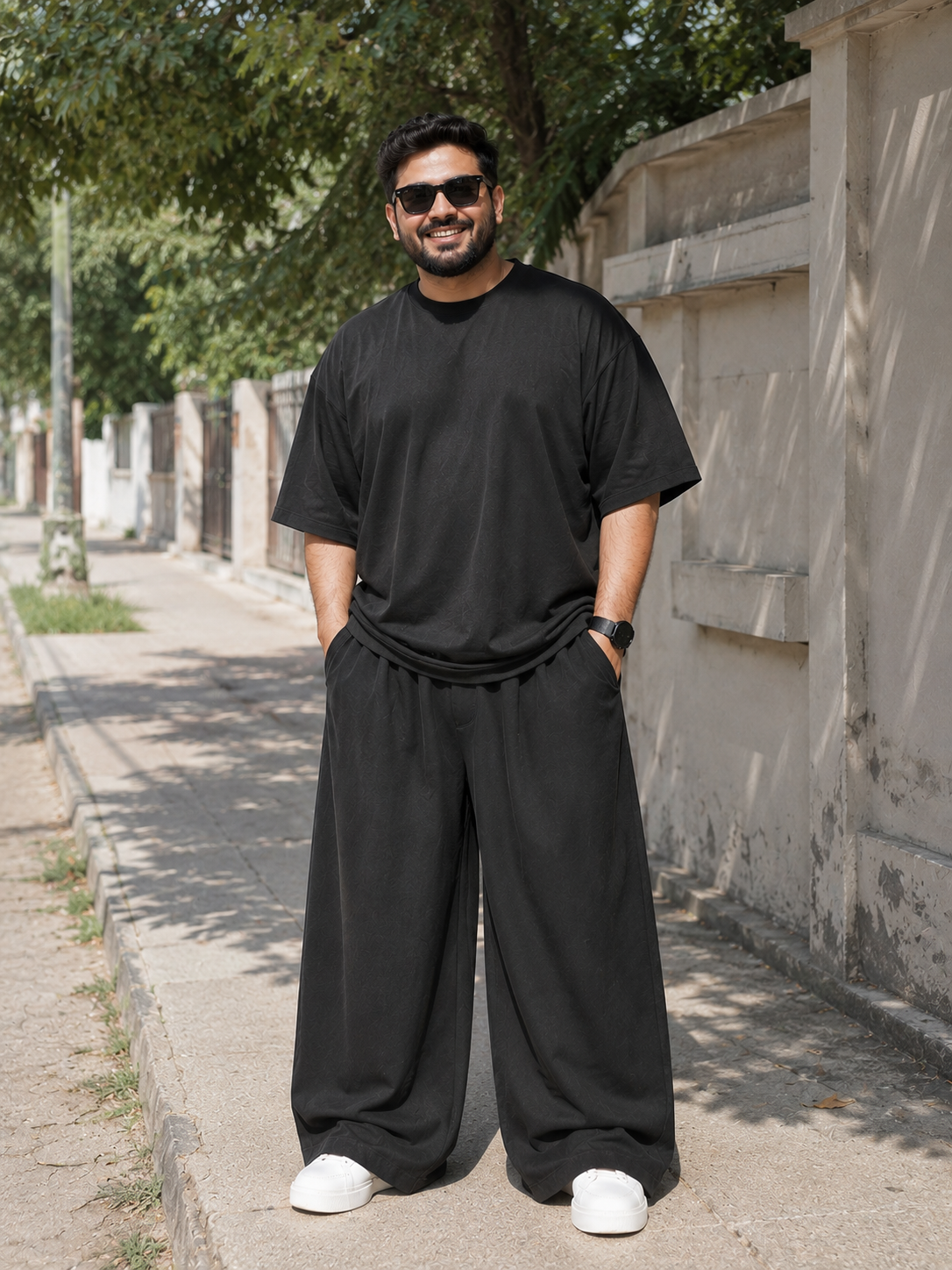 Black korean style boxy shirt with beggy trousers interlock fabric