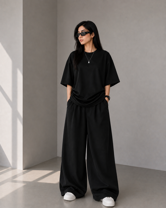 Black Summer korean style boxy shirt with beggy trousers interlock fabric