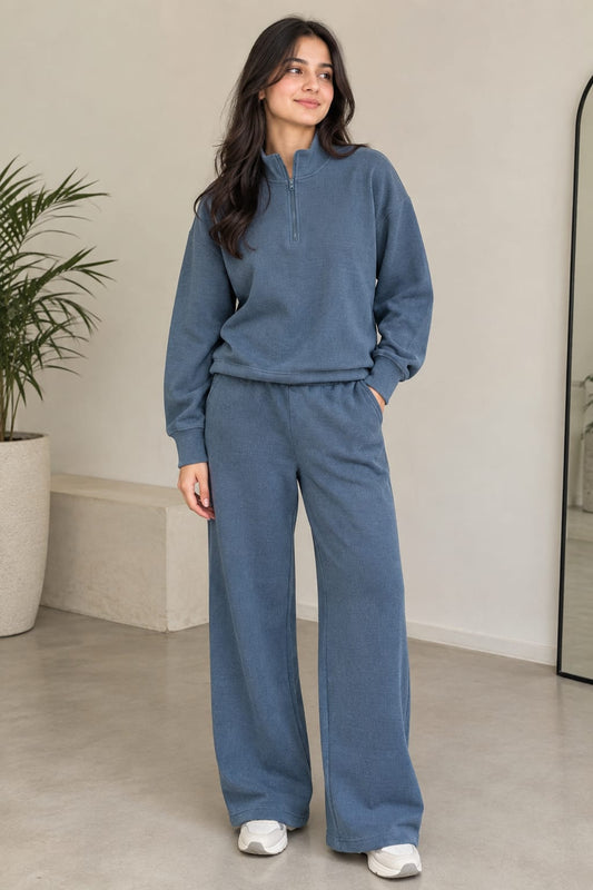 Quarter zipper    cotton  waffle knitted dark grey