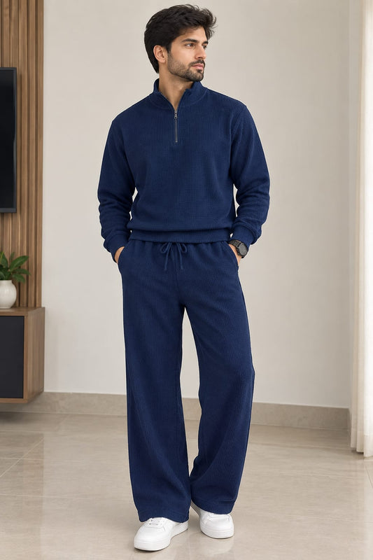 Quarter zipper   waffle knitted Blue