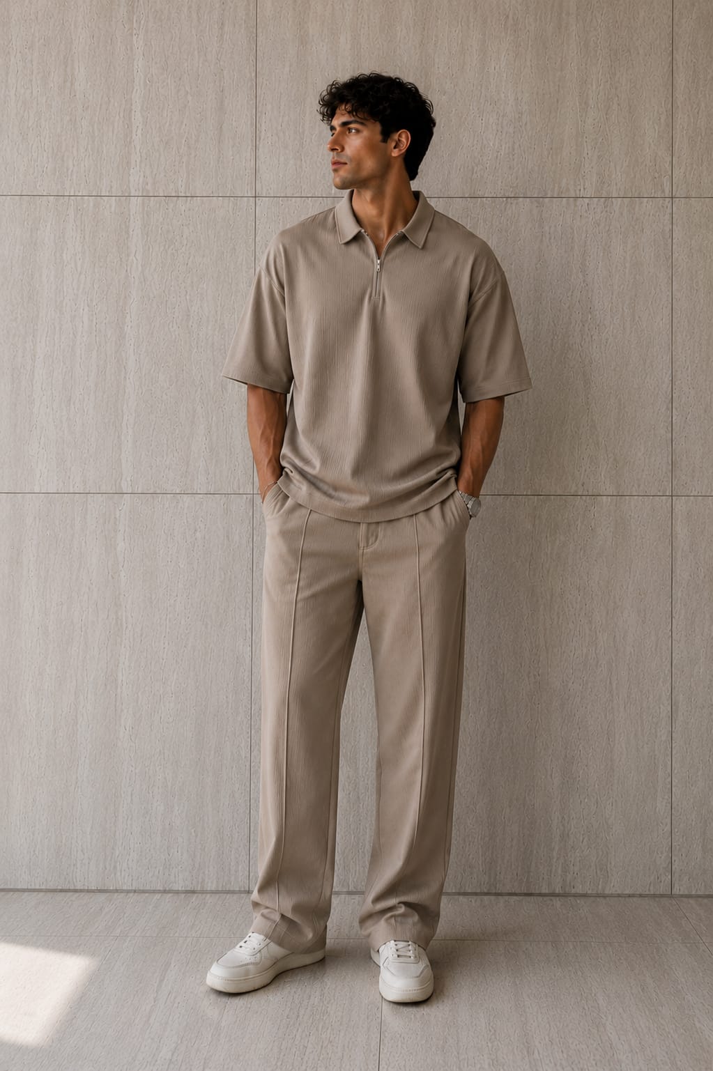 Polo Cord set Beige waffle knit