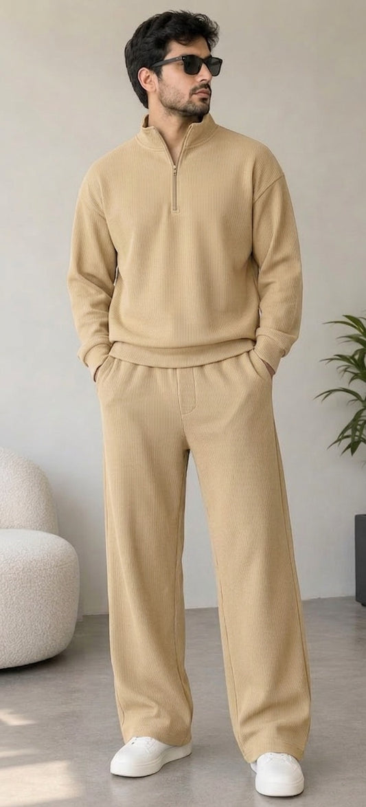 Quarter zipper    cotton  waffle knitted Beige