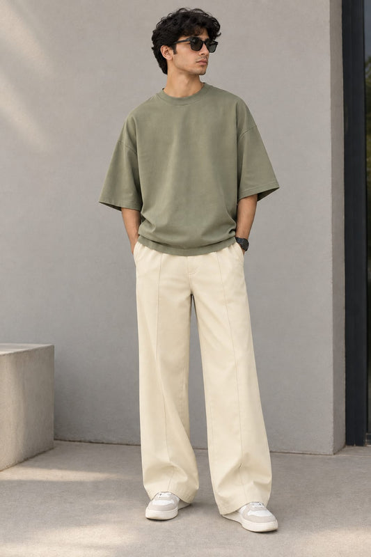 Olive cotton shirt with offwhite trouser