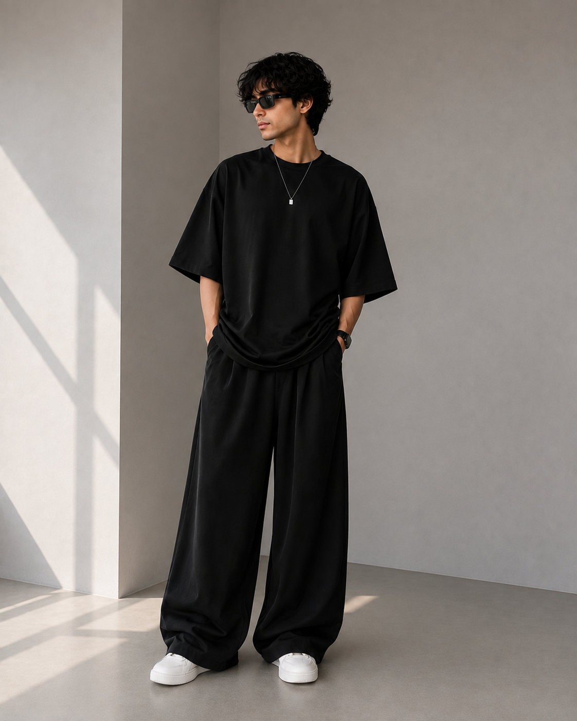 Black korean style  boxy shirt with beggy trousers interlock fabric