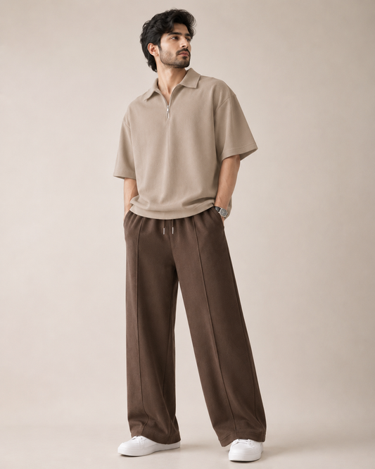 Polo Cord set Beige Shirt Brown bottom waffle knit