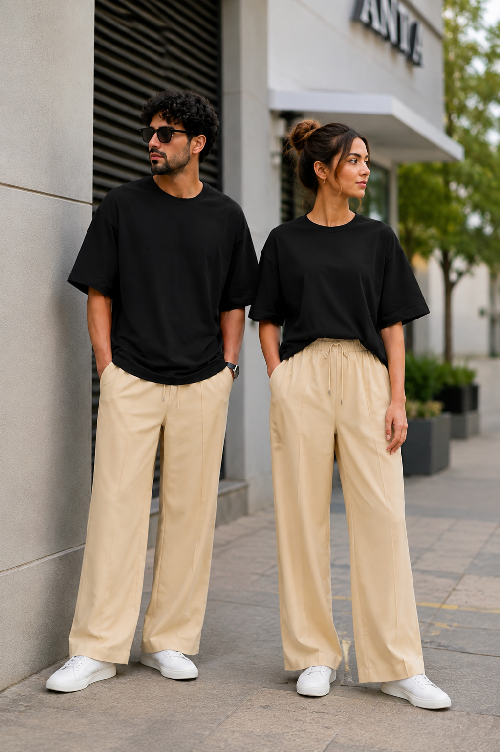 Black Cotton shirt with beige scuba trouser
