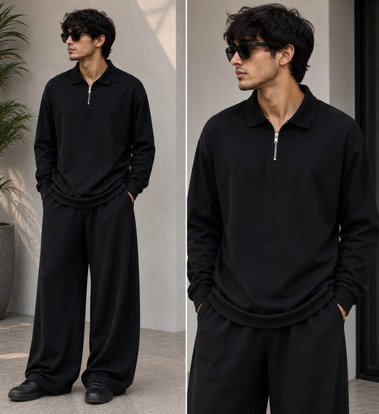 Black Polo Cord set  waffle knit full sleeves regular fit shirt with beggy trouser.