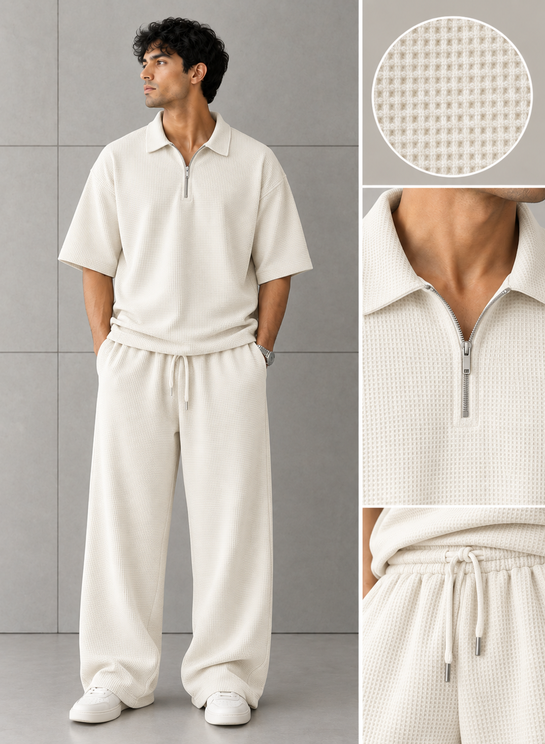 Off-white Polo over sized set  waffle knitted fabric