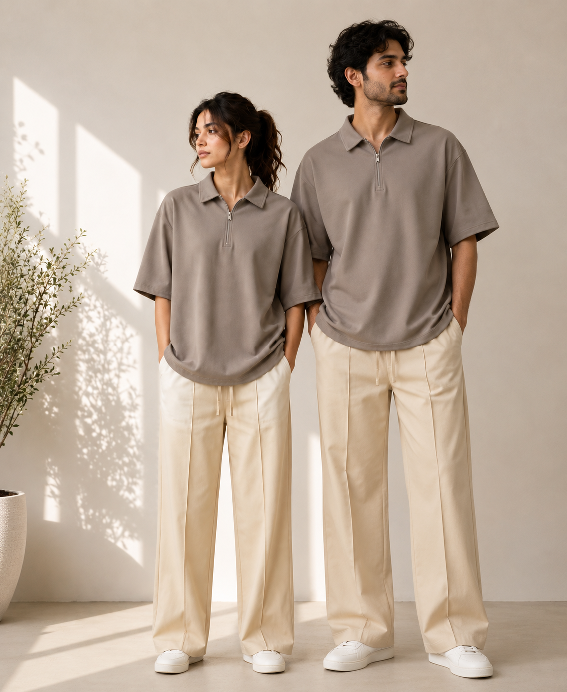 Polo Beige  waffle knit and offwhite scuba bottom