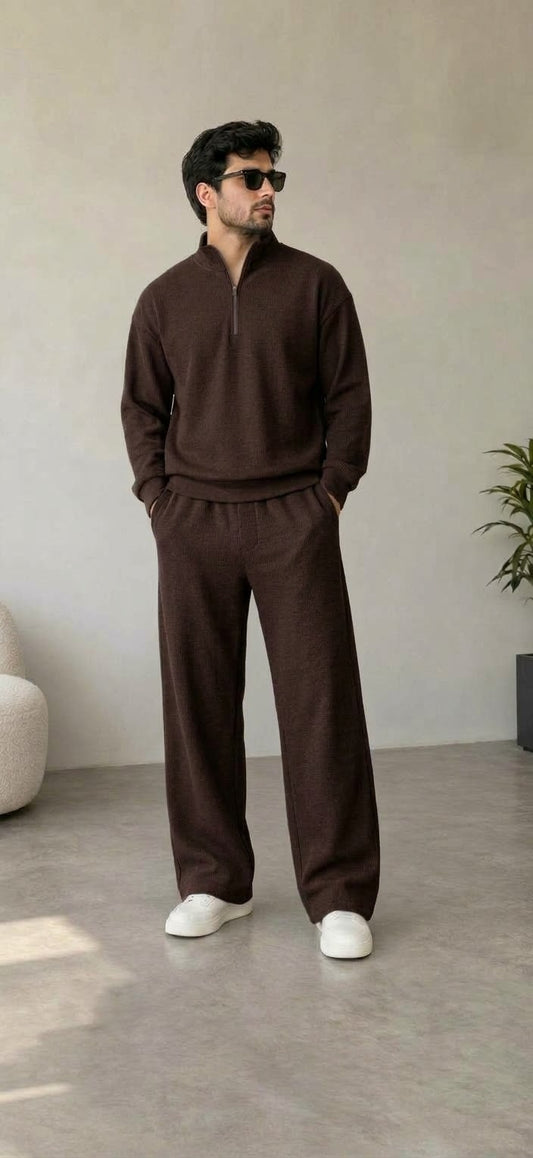 Quarter zipper  waffle knitted Brown