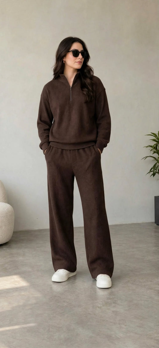 Quarter zipper   waffle knitted  Brown