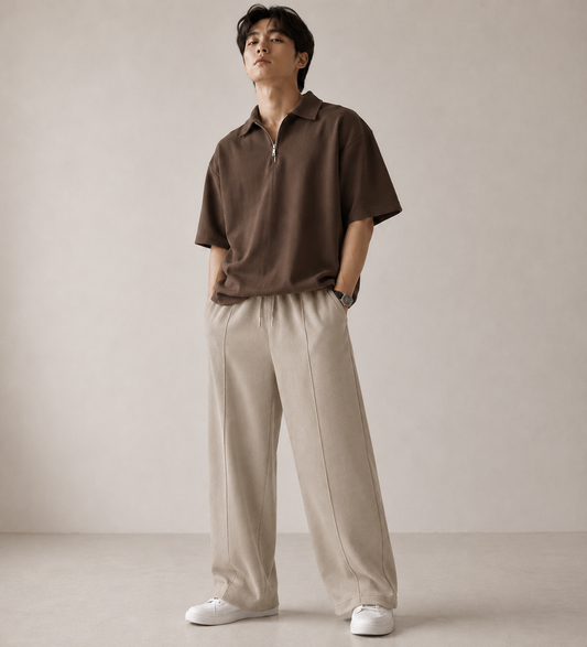 Polo Cord set Brown Shirt beige bottom waffle knit
