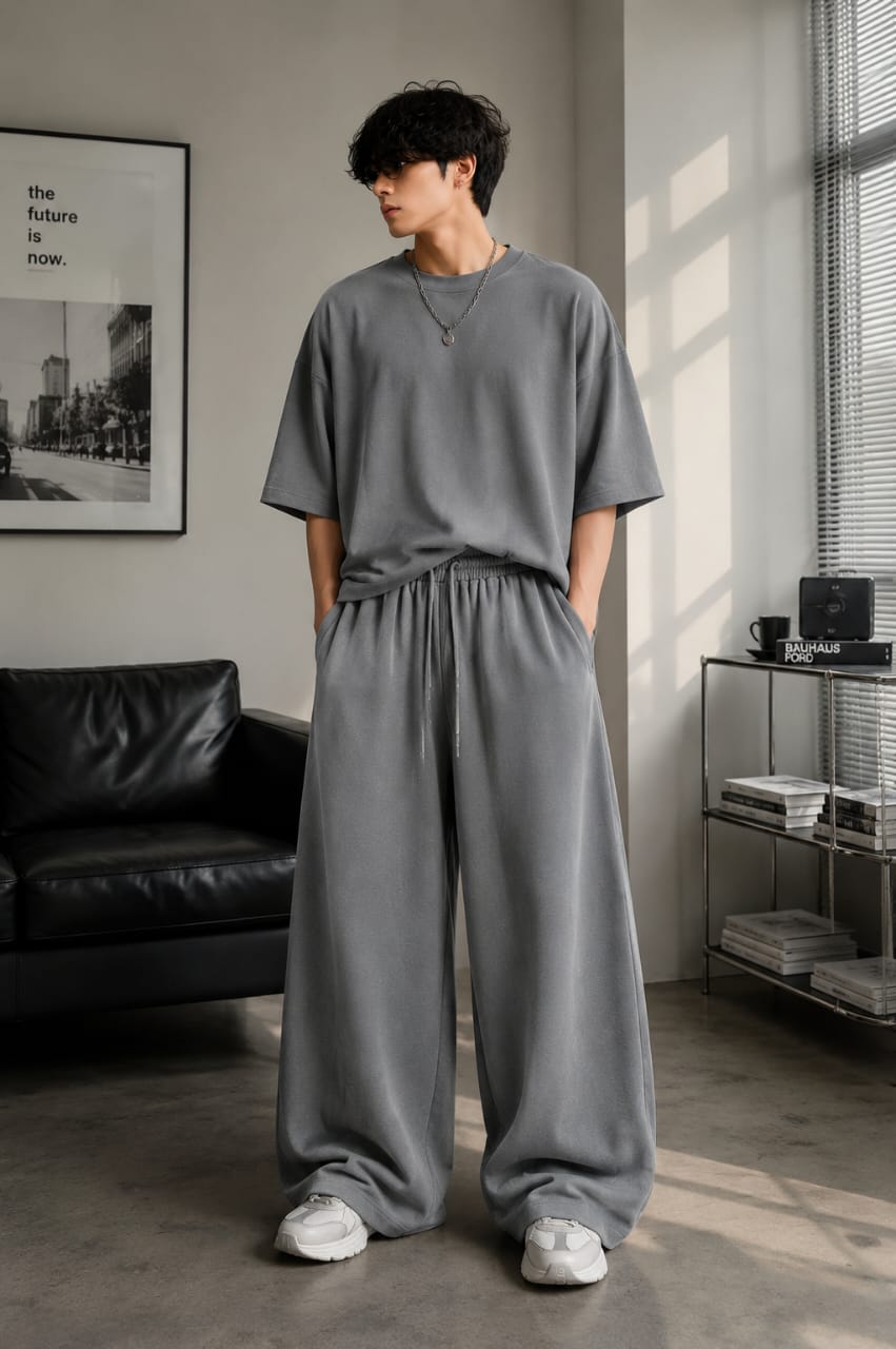 Gry korean style  boxy shirt with beggy trousers interlock fabric