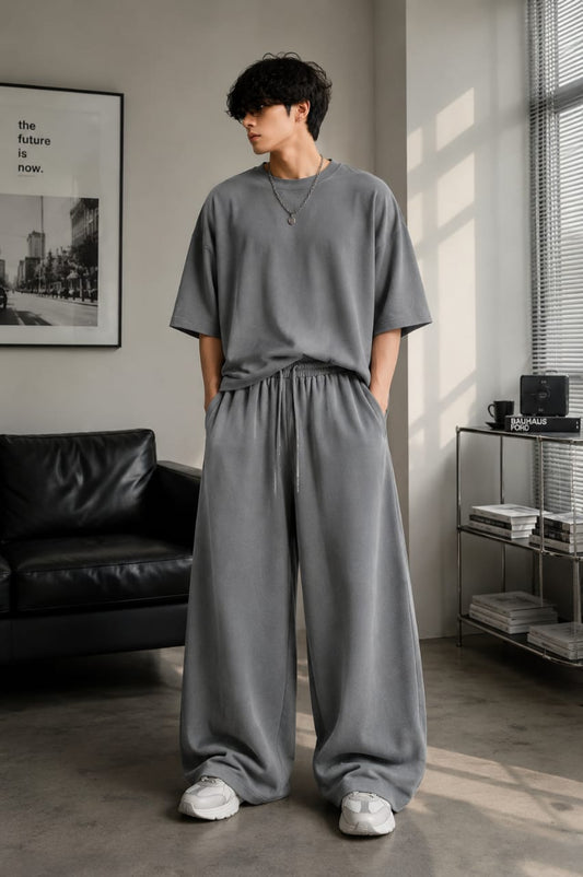 Gry korean style  boxy shirt with beggy trousers interlock fabric