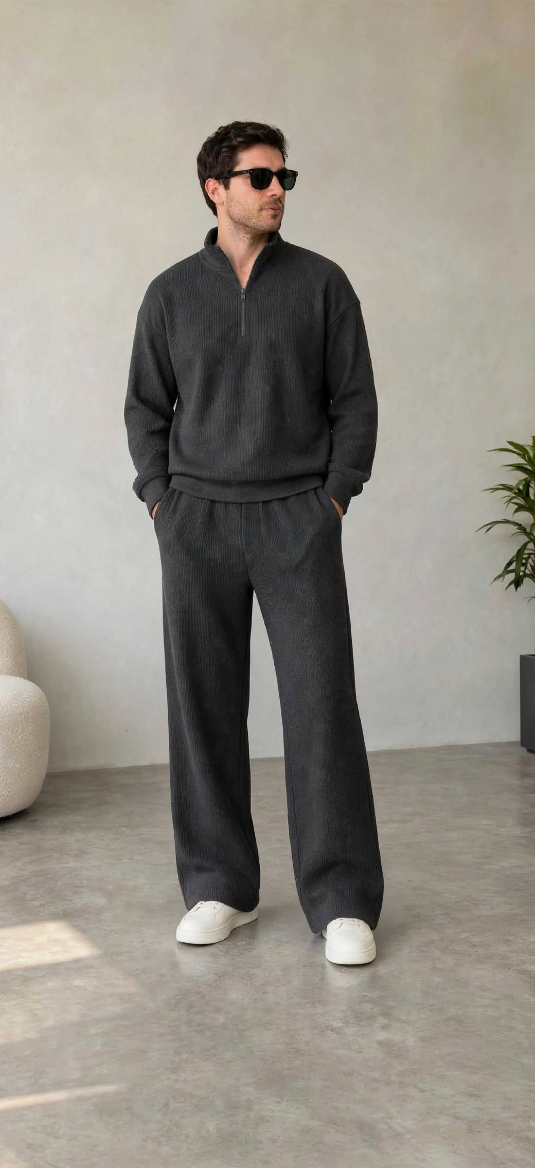 Quarter zipper   waffle knitted  grey