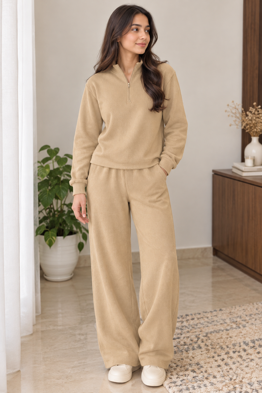 Quarter zipper    cotton  waffle knitted Beige