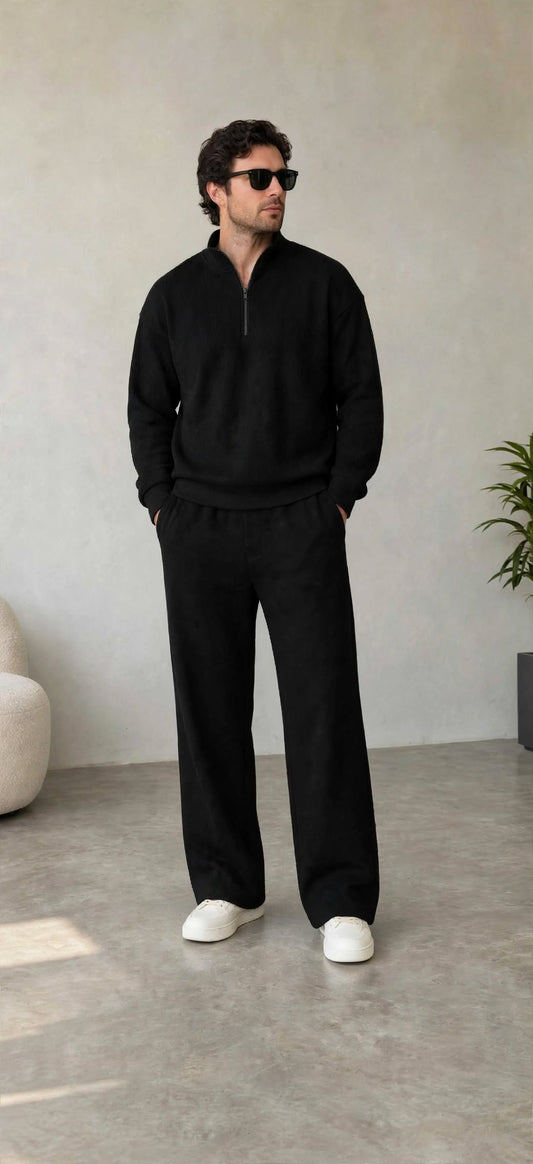 Quarter zipper   waffle knitted  Black