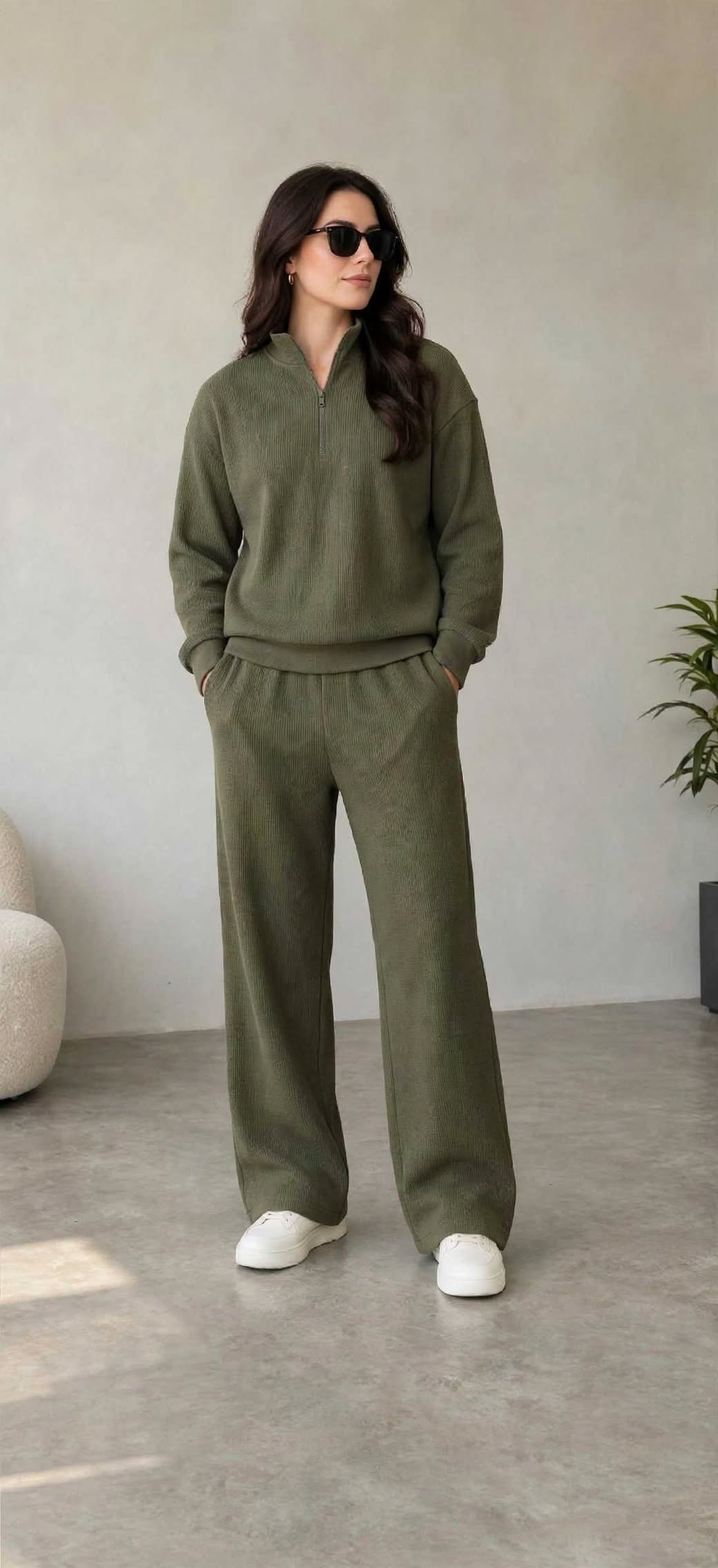Quarter zipper  waffle knitted  Olive