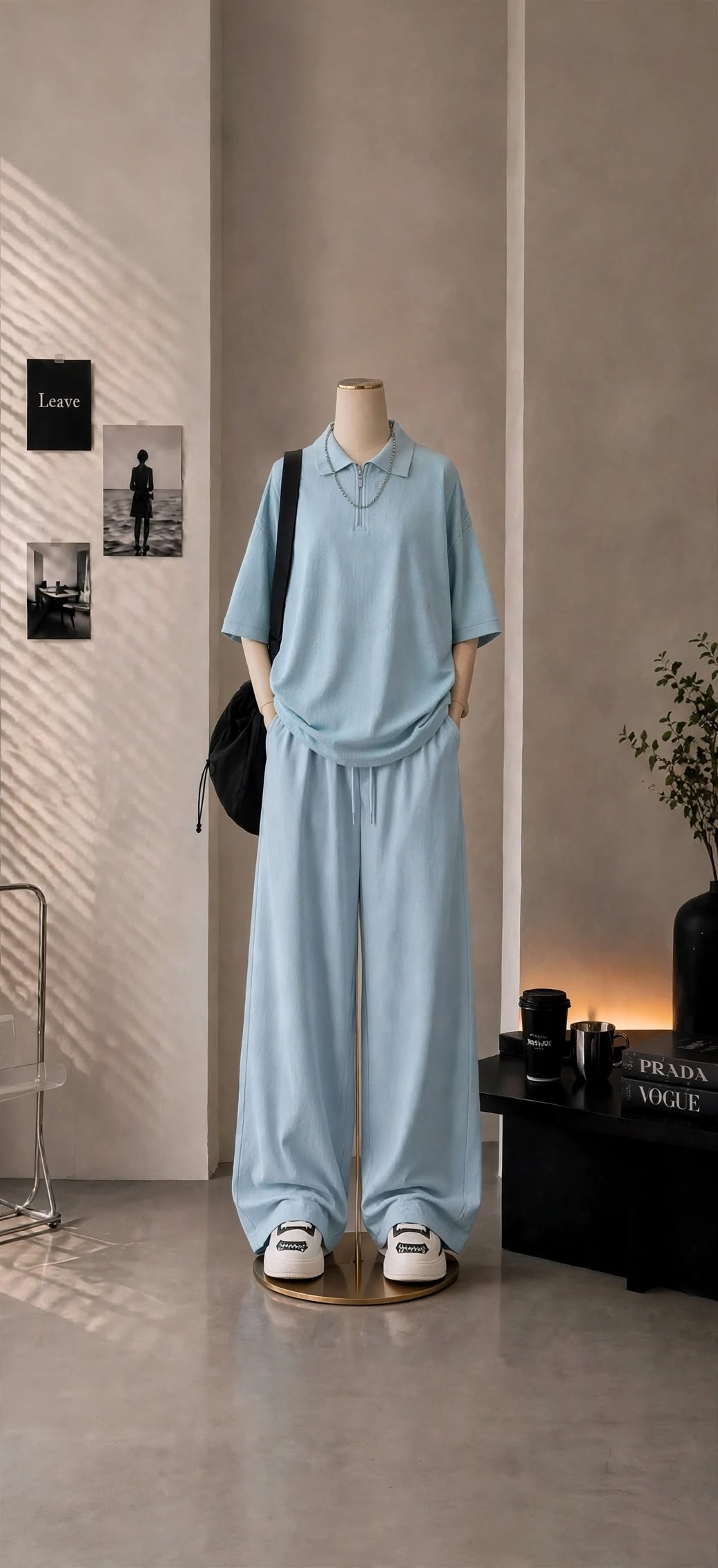 Iceblue Polo over sized shirt with beggy trousers. Pre booking delivery after one week
