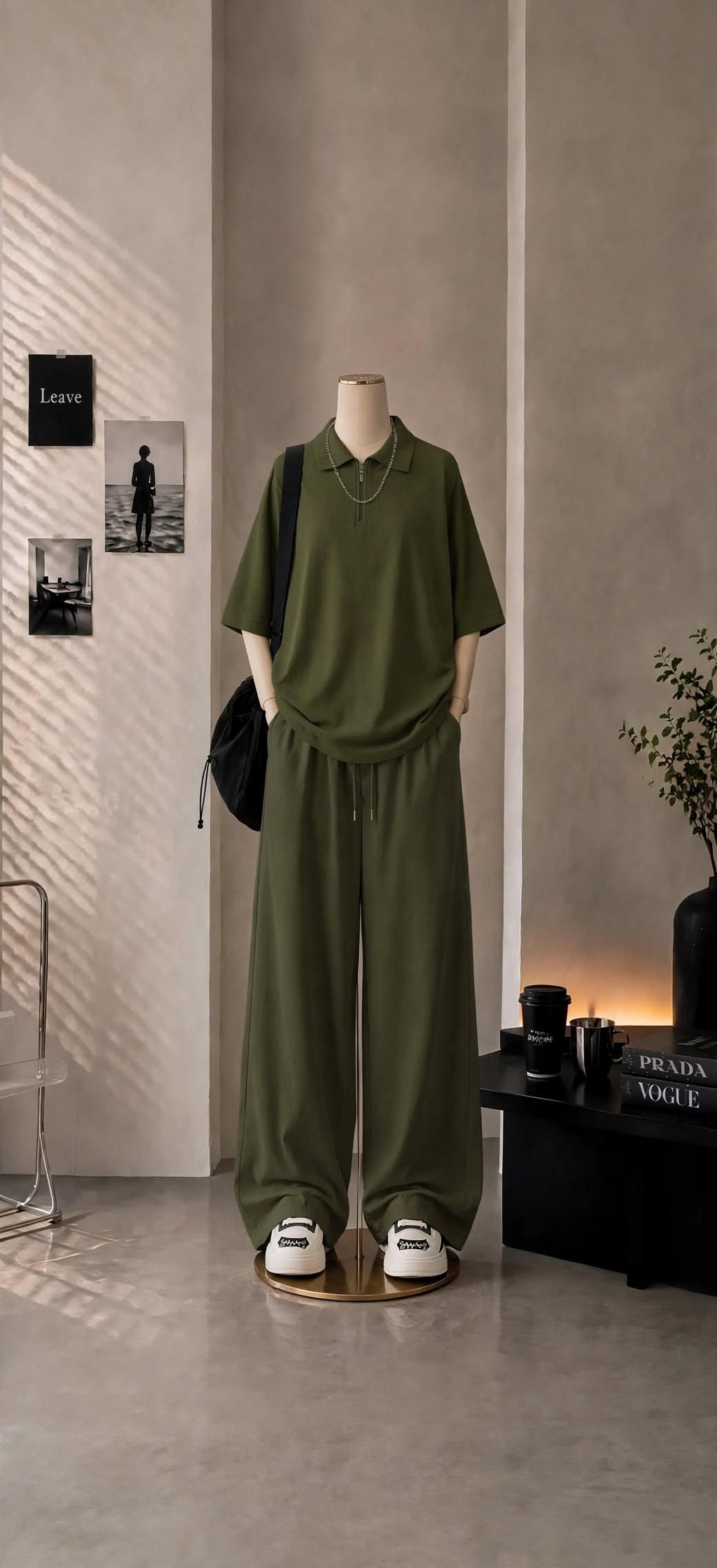 Olive Polo over sized shirt with beggy trousers. Pre booking delivery after one week