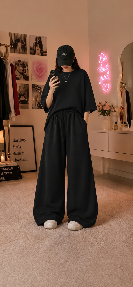 Black Summer korean style  boxy shirt with beggy trousers interlock fabric