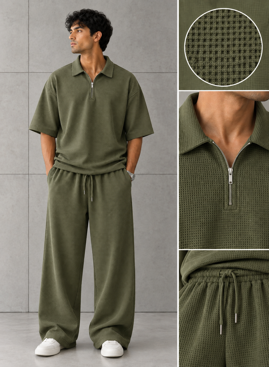 Olive Polo over sized Set waffle knitted