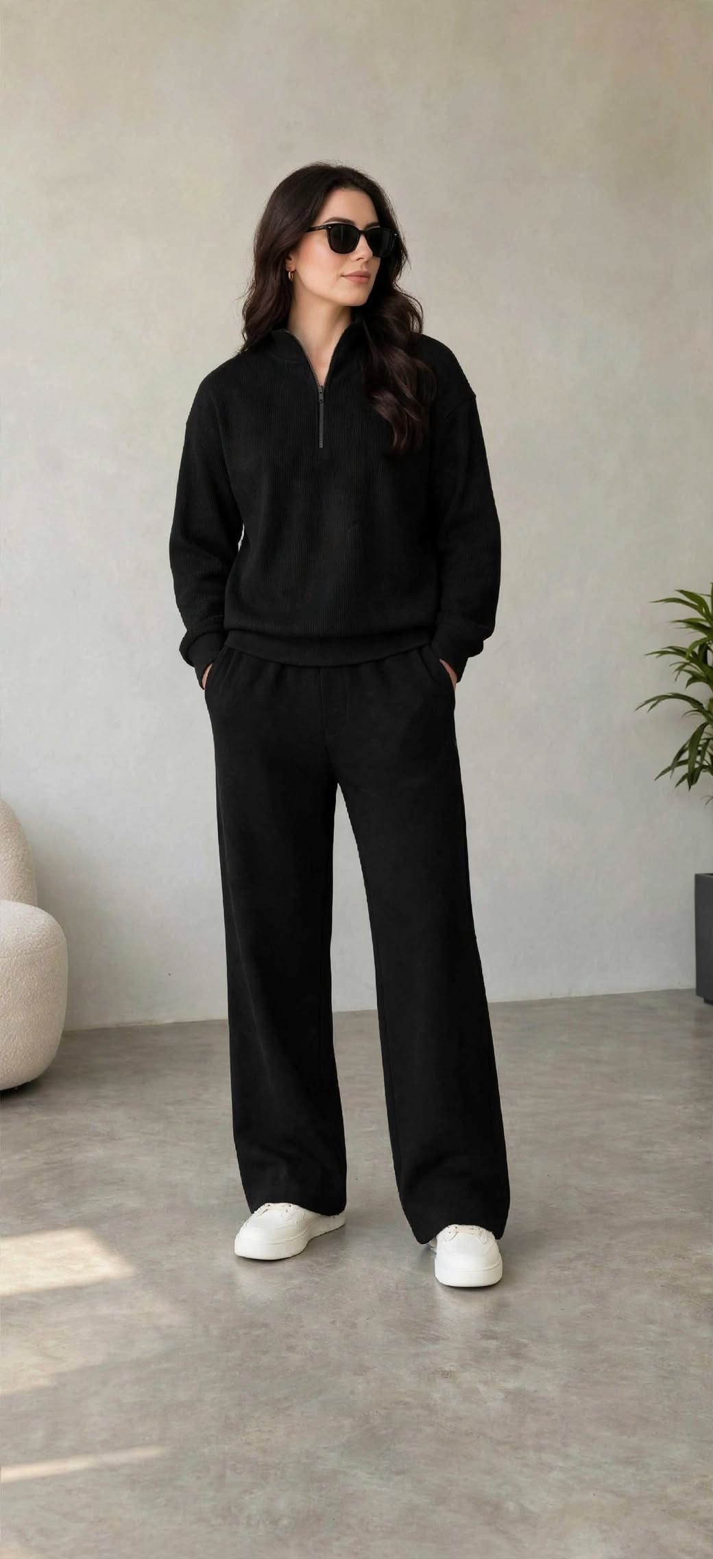 Quarter zipper   waffle knitted  Black
