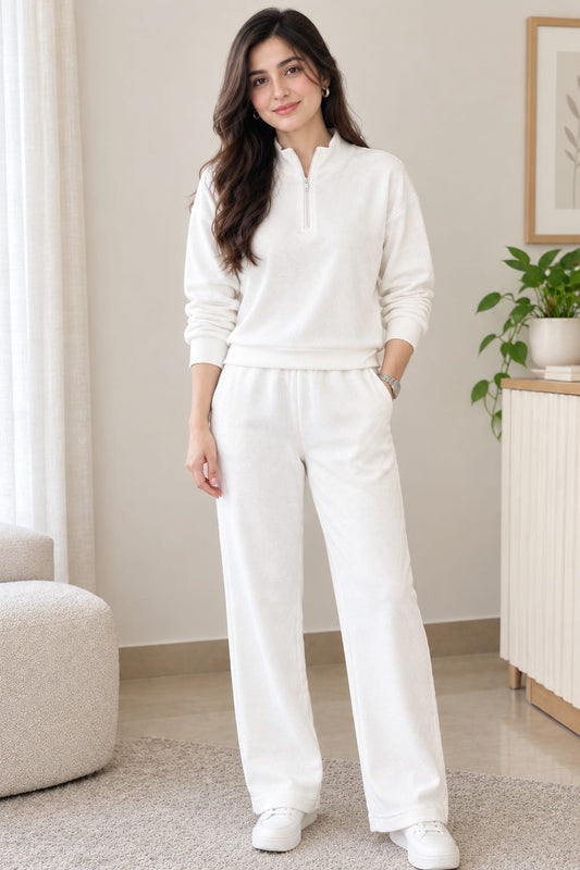 Quarter zipper  cotton  waffle knitted  Off white